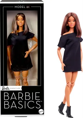 A Barbie Basics doll in a black dress and boots, shown both in its packaging and displayed separately.