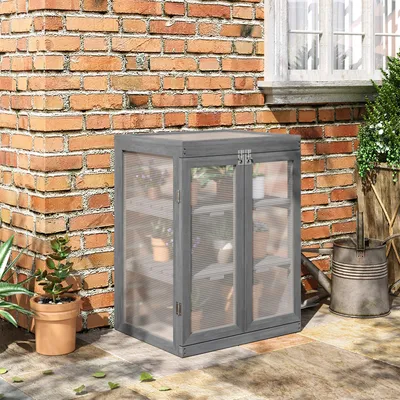 Image de Serre à toit rabattable et double porte, en bois et polycarbonate, gris foncé | 58 x 44 x 78 cm | 2 étagères | Cadre en bois de sapin
