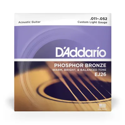 A package of D'Addario EJ26 Phosphor Bronze acoustic guitar strings.