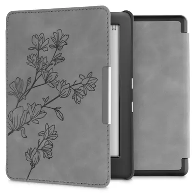 Produktbild von kwmobile Schutzhülle für Kobo Glo HD / Touch 2.0 Hülle - eReader Case aus Kunstleder mit Auto Sleep Funktion - Magnolien mit Grau