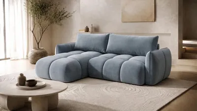 Image de Canapé d'angle Kaiser Möbel en forme de L, avec fonction convertible, revêtement en velours Bluvel, couleur bleu-gris, côté gauche, modèle BELVEDER L