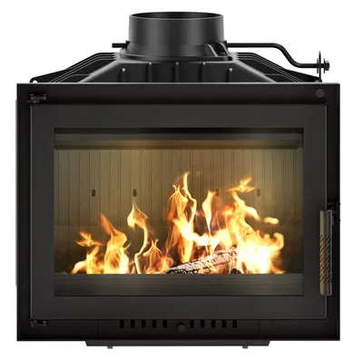 A black fireplace insert with a glass door showing a fire burning inside.