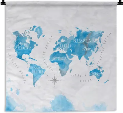 Produktbild von MuchoWow® Wandteppich Wandbehang Aquarell - Weltkarte - Blau 90x90 cm Tapisserie Dekoration Wandtuch - Wandaufhänger