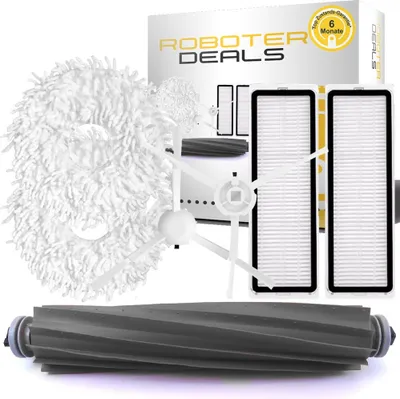 A collection of robot vacuum cleaner accessories, including filters, brushes, and a mop head, arranged on a white background.