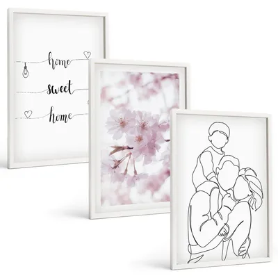 Produktbild von Bilder Set 3-teilig im weißen Rahmen – Wandbilder 3 Stück – gerahmte Poster für Wohnzimmer, Schlafzimmer und Flur – 40x60 cm – Blumenfamilie minimalistisch