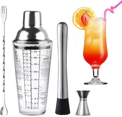 Produktbild von Cocktail Shaker, 400ml Cocktail Glas-Mixer Set,Barkeeper Messbecher Löffel Mörser und Stößel Professionelle Barkeeper Bar Set Cocktail Zubehör Geschenk für Frauen Männer