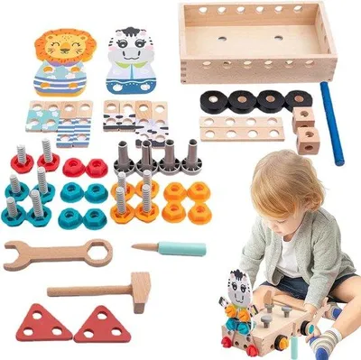 Immagine prodotto di Set di attrezzi per giocattoli in legno per bambini piccoli, completo di cassetta degli attrezzi, giocattolo educativo "fai da te", ideale come regalo, giocattoli in legno per bambini