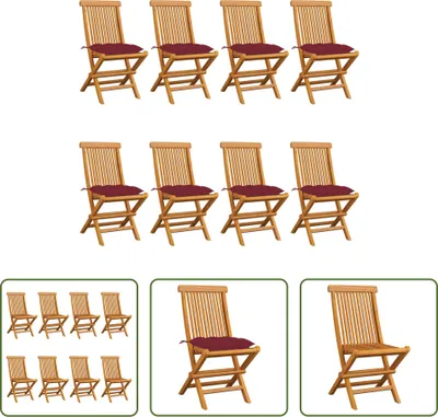 Image de The Living Store Chaises de jardin avec coussins bordeaux 8 pcs. Bois massif teck