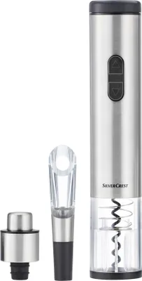 A set of SilverCrest kitchen tools including an electric corkscrew, a wine aerator, and a bottle stopper, displayed against a white background.