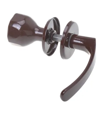 A brown door handle set with a knob and lever on a white background.
