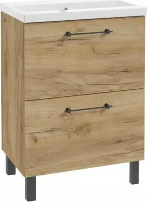 A freestanding bathroom vanity with a sink and two drawers, shown against a white background.