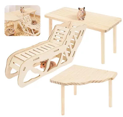 Imagen del producto de Plataforma de juego para hámster, de 3 piezas, hecha de madera natural, con túnel y escondite, ideal para pequeños animales