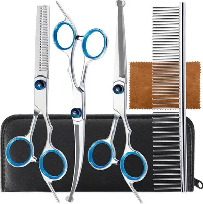 Produktbild von 5-in-1 Premium-Hundepflegeschere, professionelle Hundepflegeschere mit abgerundeten Sicherheitsspitzen, Lengnoyp Ausdünnschere aus Edelstahl, Hunde- und Katzenpflege-Set
