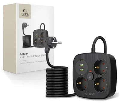 Produktbild von Tech-Protect Pcs3X4 Steckdosenleiste, 3 Netzsteckdosen, 2Xusb-A, 2Xusb-C 200 cm - Schwarz
