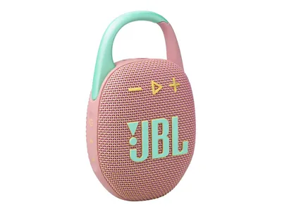 A pink JBL Clip 5 Bluetooth speaker with a mint green handle, shown against a white background.