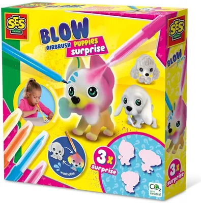 Produktbild von SES Creative 14333 - Blow airbrush Pens - Welpen surprise 3x, Mit weichem Fell, Wiederverwendbar nach dem Spielen, Set für Kinder ab 5 Jahren, Malpinsel-Set für Kinder, 5 Jahr(e), Mehrfarbig