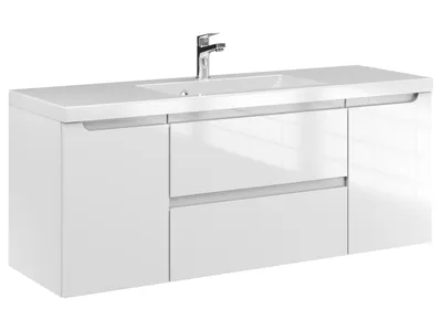 Produktbild von Furni Badunterschrank 120 cm D Weiß Hochglanz lackiert – Vormontierter Waschbeckenunterschrank mit Griffmulde, Hängend, 2 Schubladen