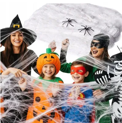 Obrázok produktu pre 10 kusov dekorácií na Halloween – umelé pavučiny, biele pavúky, 60 g
