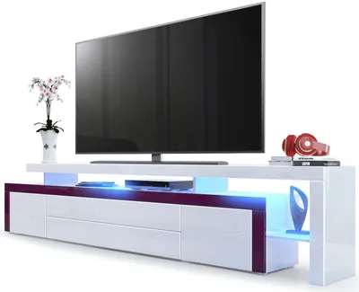 Produktbild von Vladon TV Board Lowboard Leon V3,  Germany, Korpus und Überbau in Weiß Hochglanz / Front in Weiß Hochglanz mit Rahmen in Brombeer Hochglanz inkl. LED Beleuchtung (227 x 52 x 35 cm)