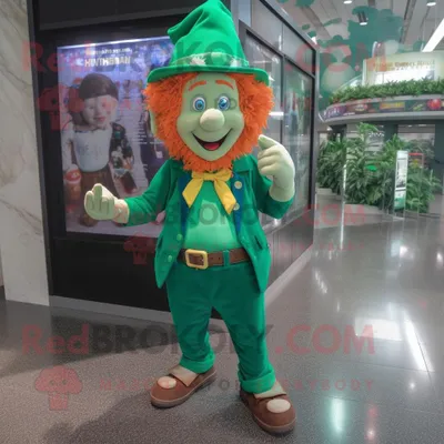 Productafbeelding van Leprechaun mascotte REDBROKOLY kostuum karakter gekleed met een bermudabroek en armbandhorloges
