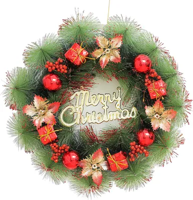 Produktbild von Weihnachtskranz für die Haustür, künstlicher Tannennadelkranz mit Kugeln, Schleifen, Blumen, „Frohe Weihnachten“, hängende Dekoration für Zuhause, Wand, Fenster, Veranda, Innen- und Außendekoration
