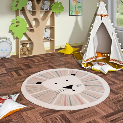 Produktbild von Kinder Teppich Happy Kids Löwe Bunt Rund, Größe:160 cm Rund