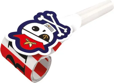 A pirate-themed party horn with a skull and crossbones design.