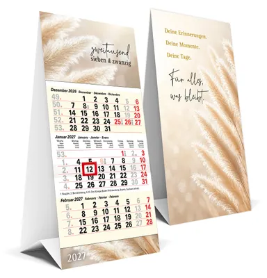 Produktbild von 3 Monatskalender 2027 Tischkalender zum Aufstellen - Datumsschieber, Kalenderwochen, Pampas
