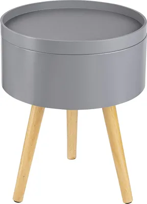 A round, gray side table with three wooden legs, shown against a white background.