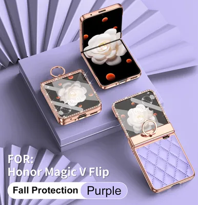 Produktbild von Leder Hülle für Honor Magic V Flip mit Ringhalterung, Luxus Glitzer Bling Überzug Scharnierschutz Handyhülle Lila