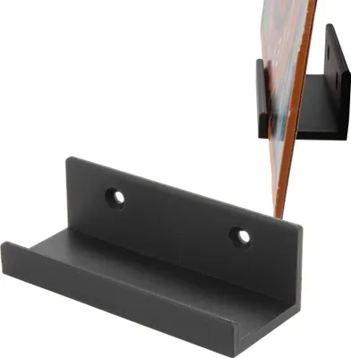 A black vinyl record wall mount bracket shown in the foreground, with another bracket holding a record visible in the background.