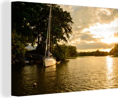 Produktbild von OneMillionCanvasses® - Leinwandbilder - 140x90 cm, Sonnenuntergang auf dem See mit einem Boot auf Ometepe, Wandbilder Kunstdruck Wanddekoration - Foto auf Leinwand - Gemälde auf