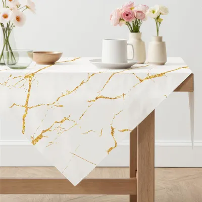 Immagine prodotto di Tovaglia bianca, 100 x 100 cm, quadrata, aspetto marmo, in lino e poliestere, lavabile