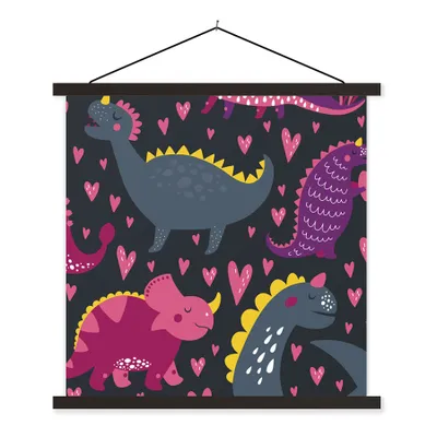 Produktbild von MuchoWow® Textilposter Dinosaurier - Kind - Muster - Rosa - Mädchen 120x120 cm mit schwarzem Rahmen - Aufhängungsset