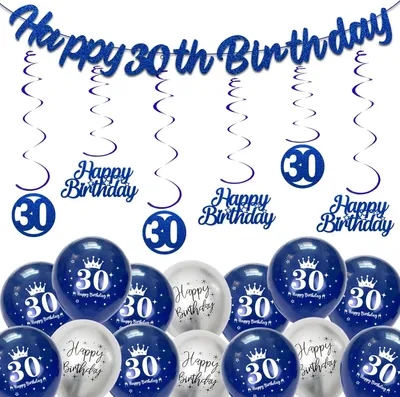 Produktbild von Dekorations-Set zum 30. Geburtstag Girlande Ballons Set Blau Silber