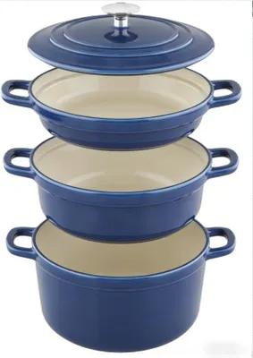 Gusseisen-Pfanne 25 cm, 3-in-1, Schmortopf mit Deckel, Blau