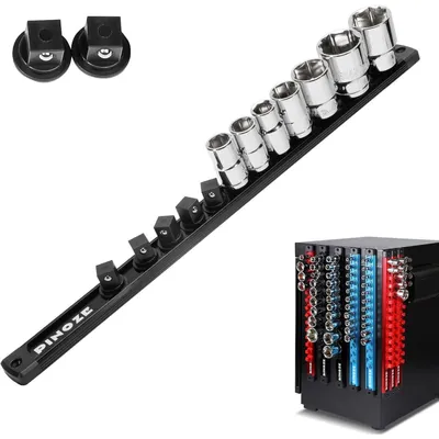 Image de Support magnétique pour clé à douille, 1,27 cm, en alliage d'aluminium, avec 2 clips de rechange, pour coffret à outils ou garage, noir, 1/2"