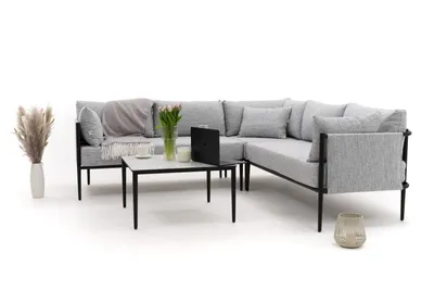 Zdjęcie produktu dla NEW HOME Zestaw mebli ogrodowych NAROŻNIK BELIZE na taras ze stolikiem kawowym - biało szary - nowoczesny wykonany z aluminium i płyty HPL