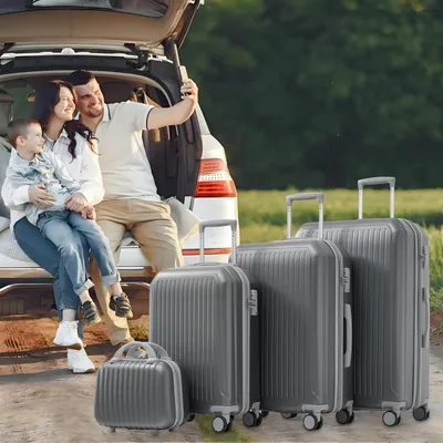 Produktbild von Flieks Kofferset Trolleyset 4 tlg., Reisekofferset mit Kosmetikkoffer, Koffer mit 4 Rollen und TSA Schloss, Hartschale Trolley, S-M-L-XL, Antikgrau