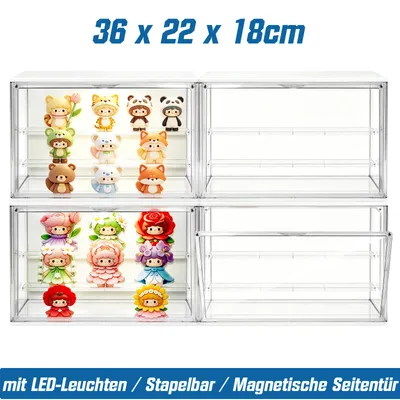 Image de Vitrine LED en acrylique, dimensions 36 x 22 x 18 cm, avec 3 niveaux, boîte acrylique transparente et empilable, avec porte magnétique. Boîte de présentation et de rangement pour figurines et jouets