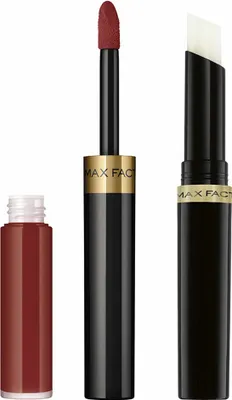 Three parts of a lip product are shown against a white background: a small bottle with a dark red liquid, a black applicator wand with a dark red tip, and a black lipstick tube with a white tip.