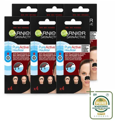 Produktbild von 6 x Garnier Pure Active Anti-Mitesser-Strips - Aktivkohle - Nase, Stirn & Kinn - Vorratspackung - 6 Stücke