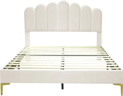 Produktbild von Flieks Polsterbett 140x200cm mit Lattenrost, Jugendbett Doppelbett mit Zaunförmigem Kopfteil, Kinderbett Holzbett Klassisches Bett, Samt, Beige