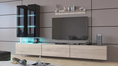 Obrázok produktu pre Furnitech Obývacia stena - Nábytok do obývačky s LED modrou - Závesná skrinka Moderná - Obývacia stena s policami a TV skrinkou (Egina AN50-18BS-HGM8 1A)