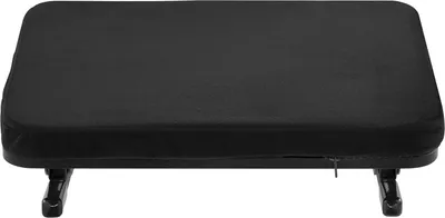 A black footrest with metal legs on a white background.