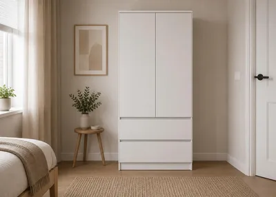 Produktbild von Kleiderschrank 2-türig Schrank Garderobe Schlafzimmer Drehtürenschrank mit Schubladen, Einlegeböden und Kleiderstange - LOSKO 2T2S - Weiß, KI-generiertes Bild