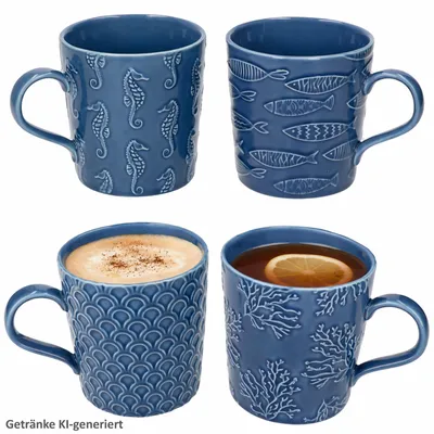 Produktbild von Sea Life 4er Set Kaffeebecher Porzellan dunkelblau maritim Relief Tee