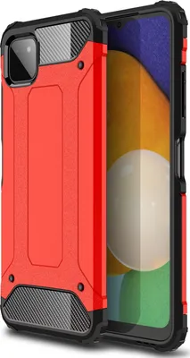 A red and black rugged phone case for a Samsung Galaxy A22 5G is shown from a diagonal angle.