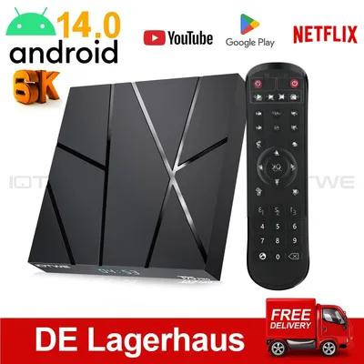 Obrázek produktu pro Android TV Box, multimediální přehrávač, streamovací zařízení s 4 GB RAM, 128 GB úložiště, čtyřjádrovým procesorem, Androidem 14, Wi-Fi 6, Bluetooth 5, 6K HDMI, Ethernetem a USB