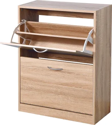 Produktbild von Schuhschrank aus Holz für den Eingangsbereich, weißer Schuhschrank mit 2 Falttüren, Farbe Eiche, Eiche , 24 cm, 80 cm, Partikelplatine